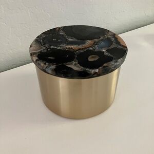 NWOT matte brass decorative round storage box with polished stone lid home decor